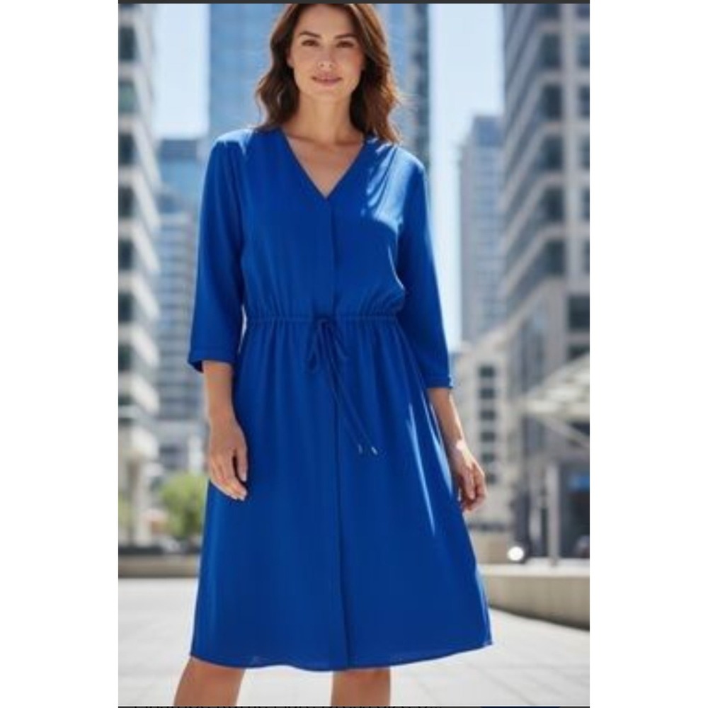 Ann Taylor Cobalt Blue Wrap Front Dress Sz XS 3/4 Sleeve Tie Waist Knee Length